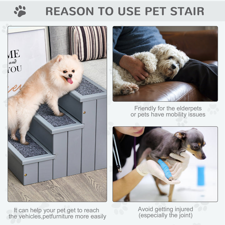 PawHut 3 Step Wooden Pet Stairs Steps Dog Stairs Carpet Non Slip Grey