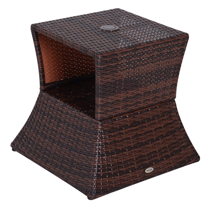 Outdoor Patio Rattan Wicker Coffee Table Bistro Side Table w/ Umbrella Hole and Storage Space, Brown