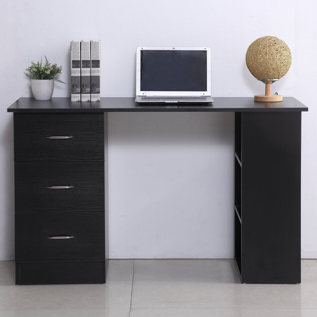 Modern Style Computer Desk Writing PC Table Workstation Laptop Study Stationery Cupboard w/ 3 Shelf & Drawers - Black 120H cm