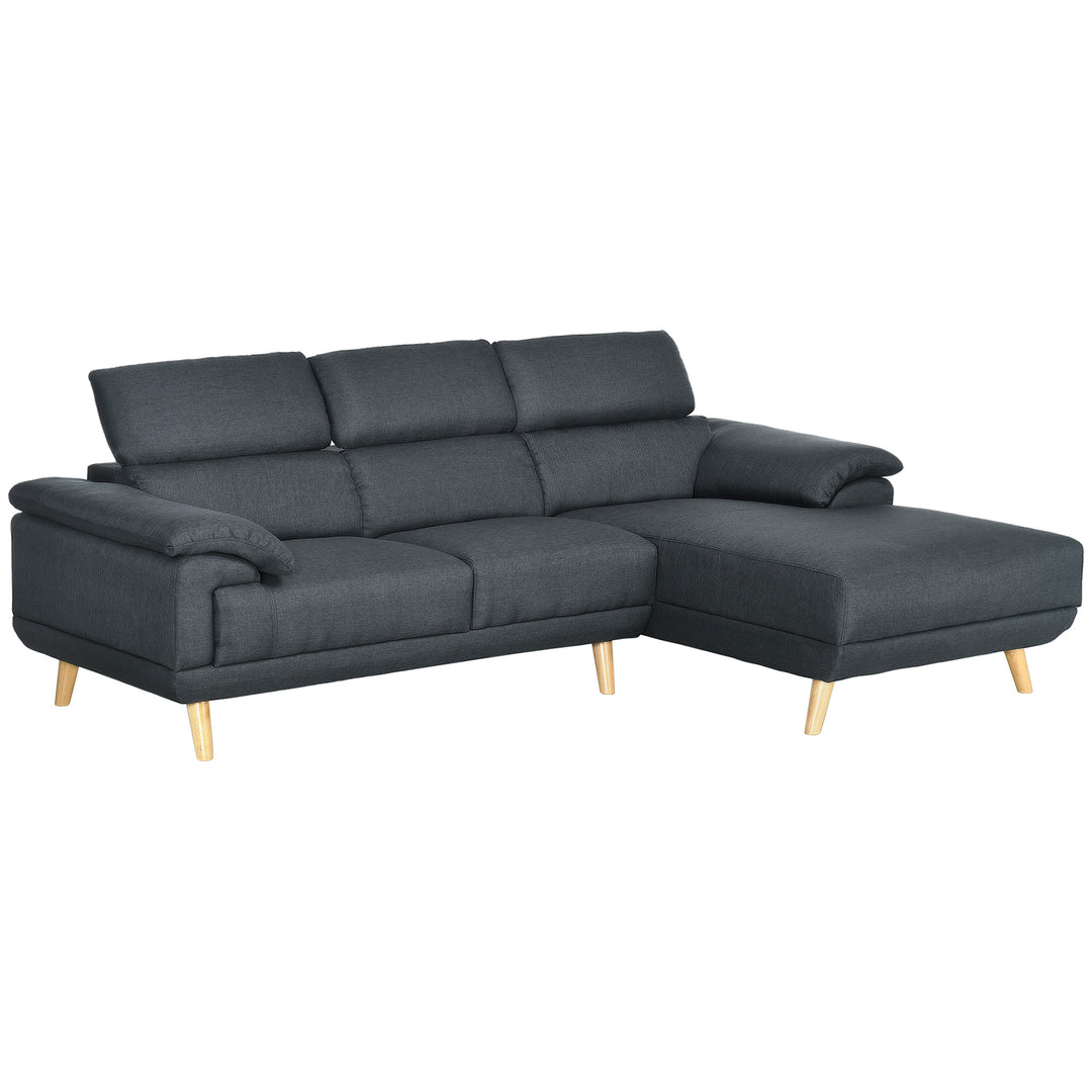 Corner Sofas for Living Room, Fabric L Shaped Sofa Settee with Adjustable Headrest, 3 Seater Couch, Dark Grey