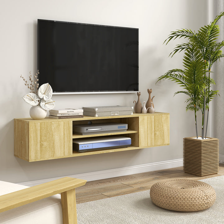 Floating TV Stand Cabinet for TVs up to 60", Wall Mounted TV Unit with Open Shelf, Storage Cupboards and Cable Management for Living Room, Natural Wood Effect