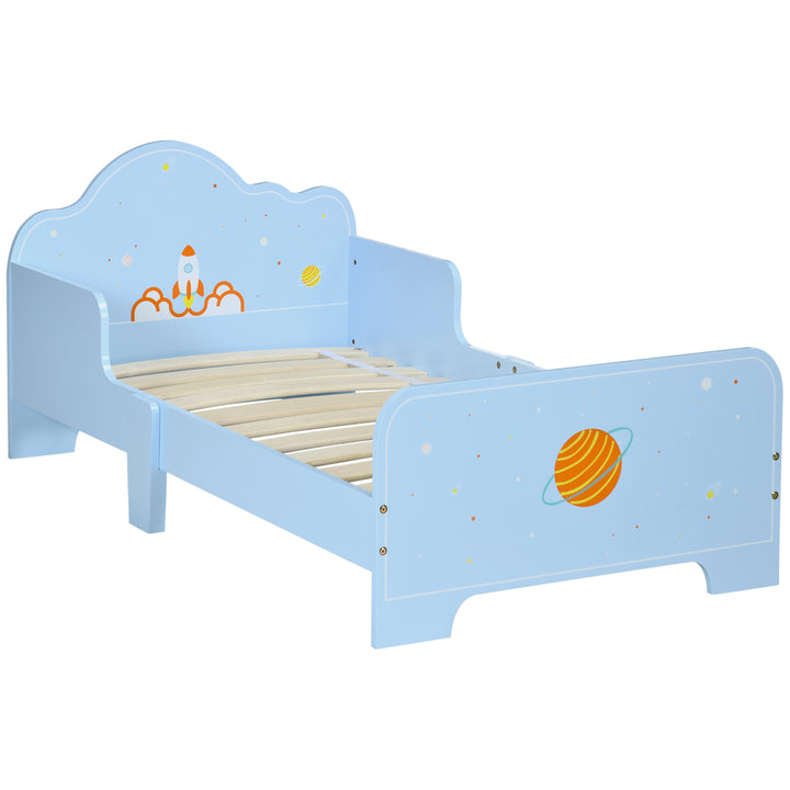 Toddler Bed Kids Bedroom Furniture with Rocket & Plants Patterns Safety Side Rails Slats, Blue