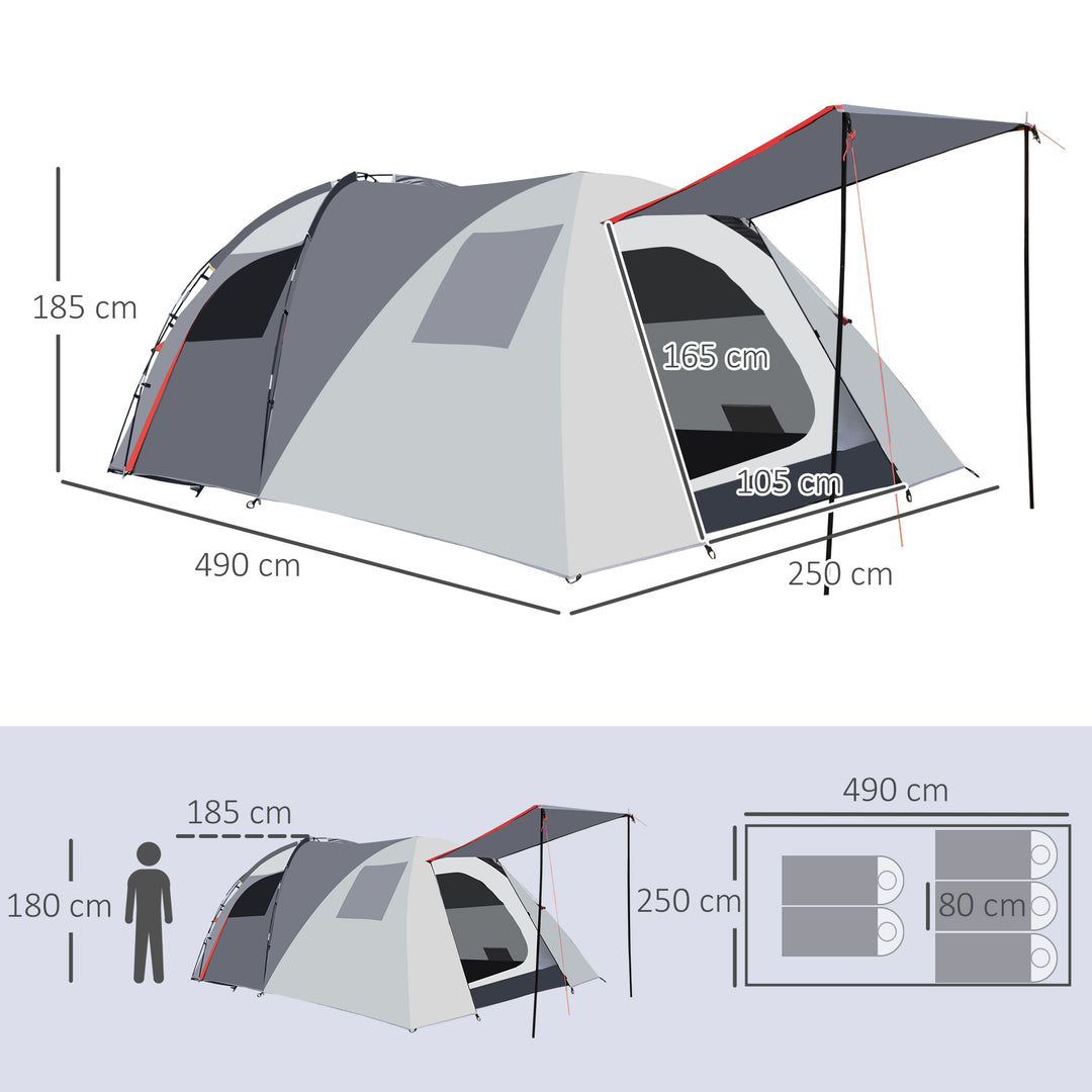 4-5 Man Outdoor Tunnel Tent, Two Room Camping Tent with Portable Mat, Sewn-In Floor Breathable Mesh Windows for Fishing, Festival, Hiking