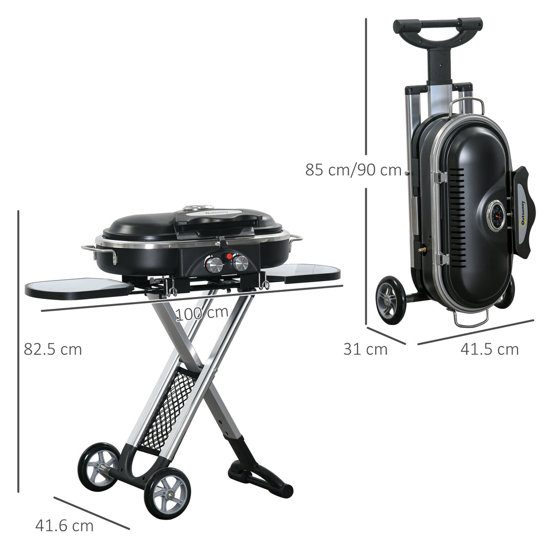 Foldable Gas BBQ Grill 2 Burner with Side Shelves Storage, Aluminium Alloy