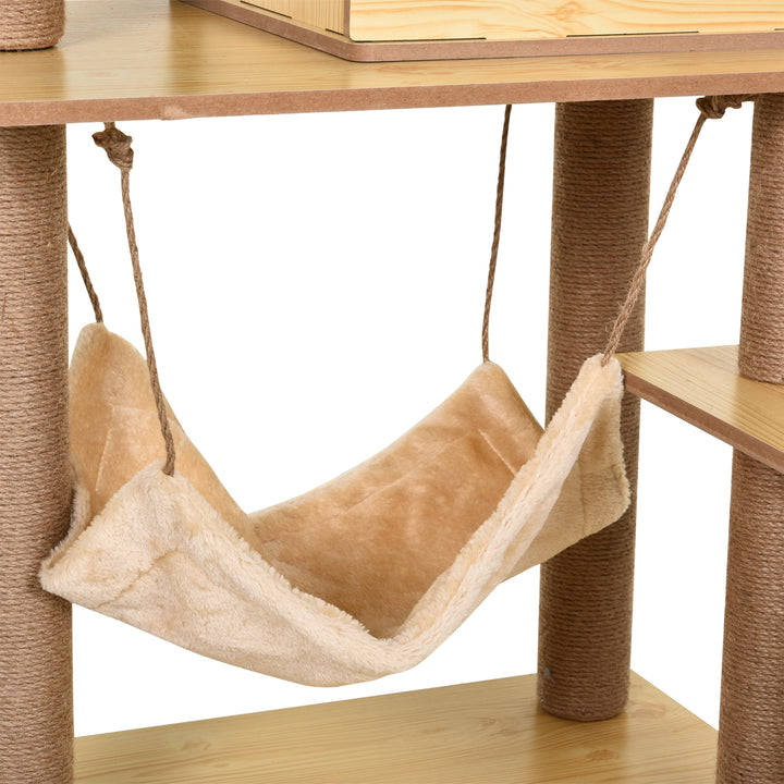 Cat Tree, 130 cm Cat Tree for Indoor Cats, Multi-Level Plush Cat Climbing Tower with 5 Scratching Posts, 2 Perches, Cat Condo, Hammock, Ramp, Toy Ball, Cat Tree for Large Cat, Yellow