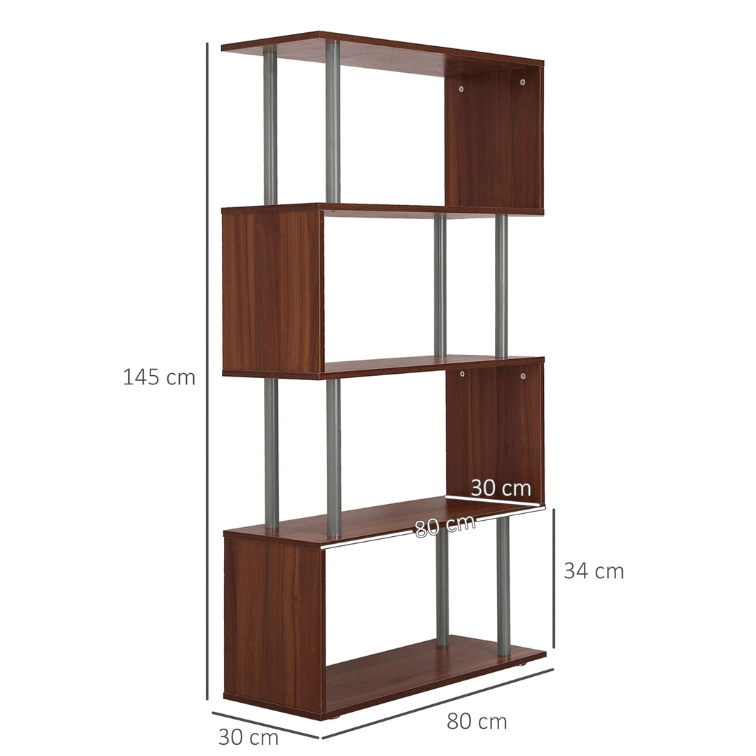 4-Tires Wooden Bookcase S Shape Storage Bookshelf Display for Living Room, Bedroom, Office with Steel Frame, Walnut
