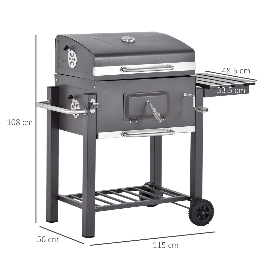 Charcoal Grill BBQ Trolley Backyard Garden Smoker Barbecue w/ Shelf Side Table Wheels Built-in Thermometer