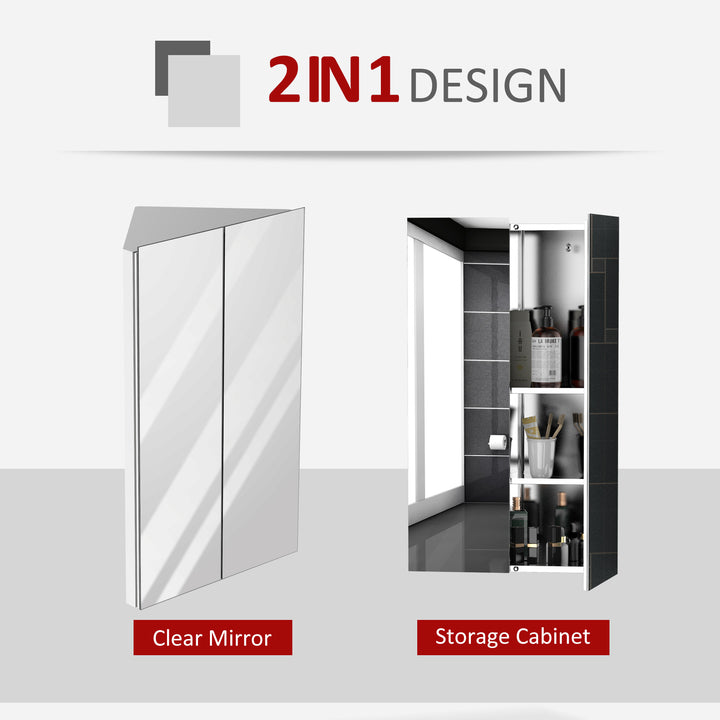 Corner Mirrored Bathroom Cabinet with 3 Shelves 2 Doors On-Wall Storage Unit Stainless Steel Frame