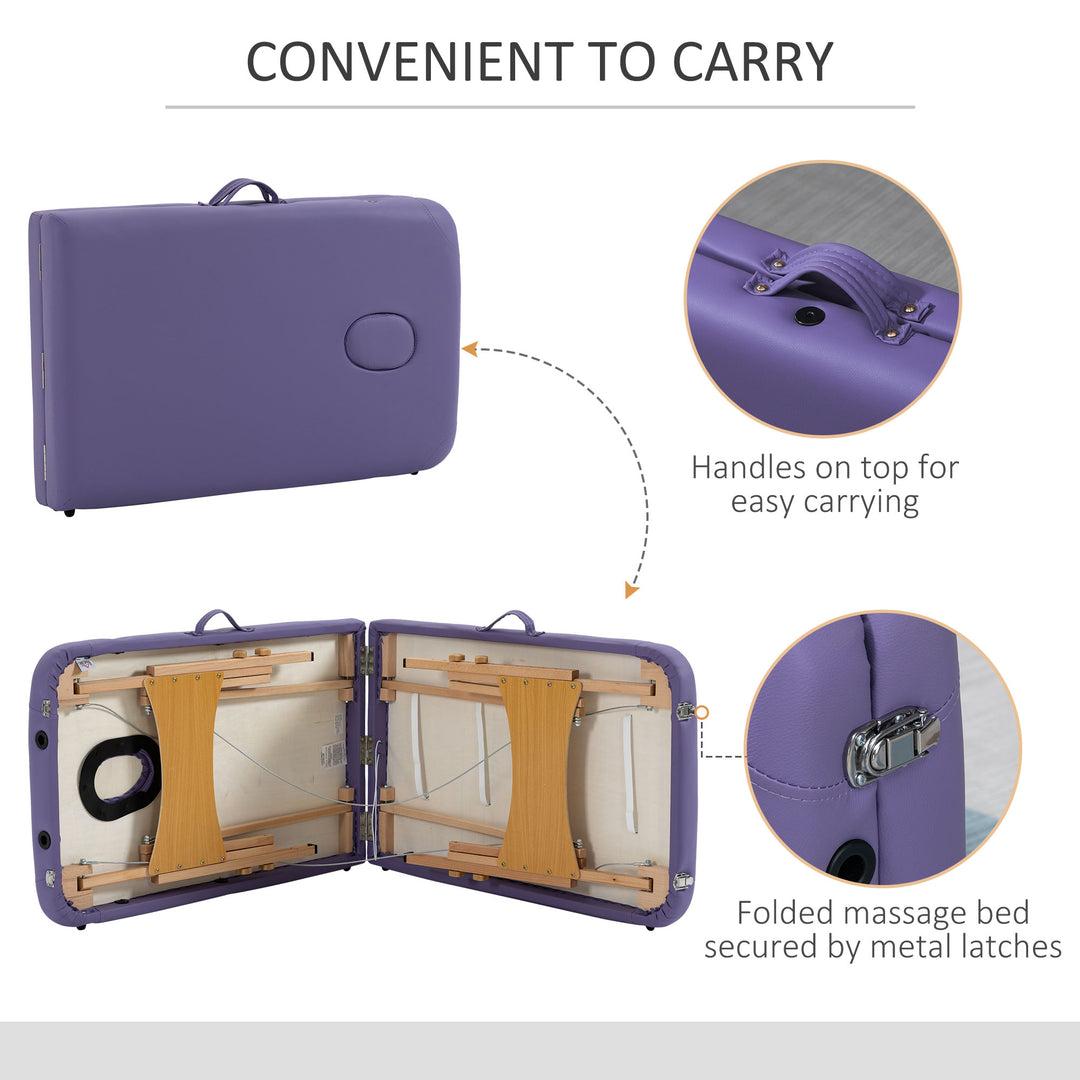 Portable Massage Bed, Folding Spa Beauty Massage Table with 2 Sections, Carry Bag and Wooden Frame, Purple