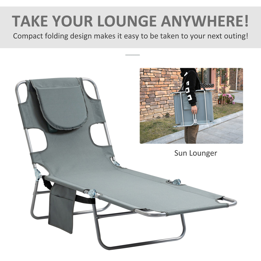 Beach Chaise Lounge with Face Cavity & Arm Slots, Portable Sun Lounger, Reclining Lounge Chair 5-position Adjustable Backrest Grey