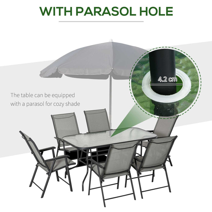 Garden Patio Outdoor 7pcs Classic Outdoor Steel Frames Dining Set w/ 6 Folding Chairs, Glass Top Table, Texteline Seats,Black &amp; Grey Cushion