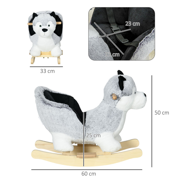 Baby Rocking Horse, Husky-shaped Plush Wooden Child Rocking Animal w/ Seat Belt, Ride on Toy for Kids 18-36 Months, Grey