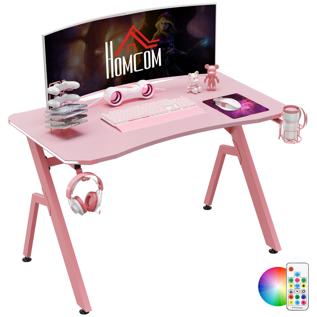 Gaming Desk Racing Style Home Office Ergonomic Computer Table Workstation with RGB LED Lights, Controller Rack & Cable Management, Pink