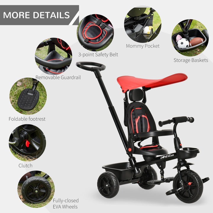 4 in 1 Baby Tricycle Toddler Stroller Foldable Pedal Tricycle w/ Reversible Angle Adjustable Seat Removable Handle Canopy Handrail Belt-Red