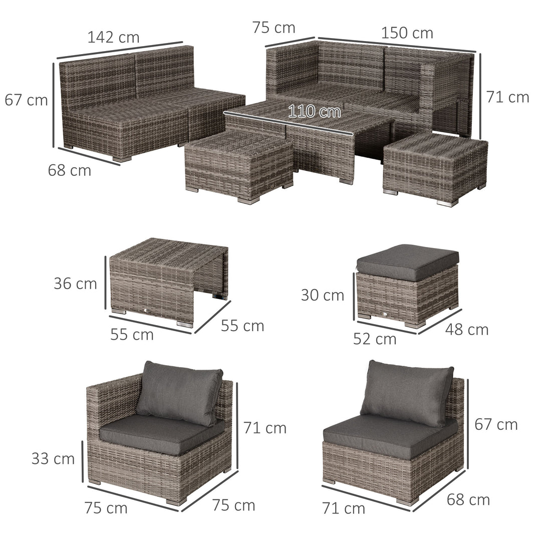 6-Seater Rattan Garden Furniture 6 Seater Sofa & Coffee Table Set Outdoor Patio Furniture Wicker Weave Chair Space-saving Compact, Grey