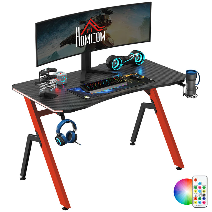 Gaming Desk Racing Style Home Office Ergonomic Computer Table Workstation with RGB LED Lights, Hook, Cup Holder, Controller Rack Black Red