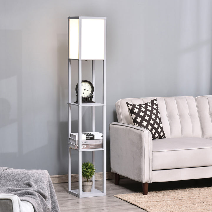 4-Tier Grey Floor Lamp with Shelf, Floor Light with Storage Shelf, Reading Standing Lamp