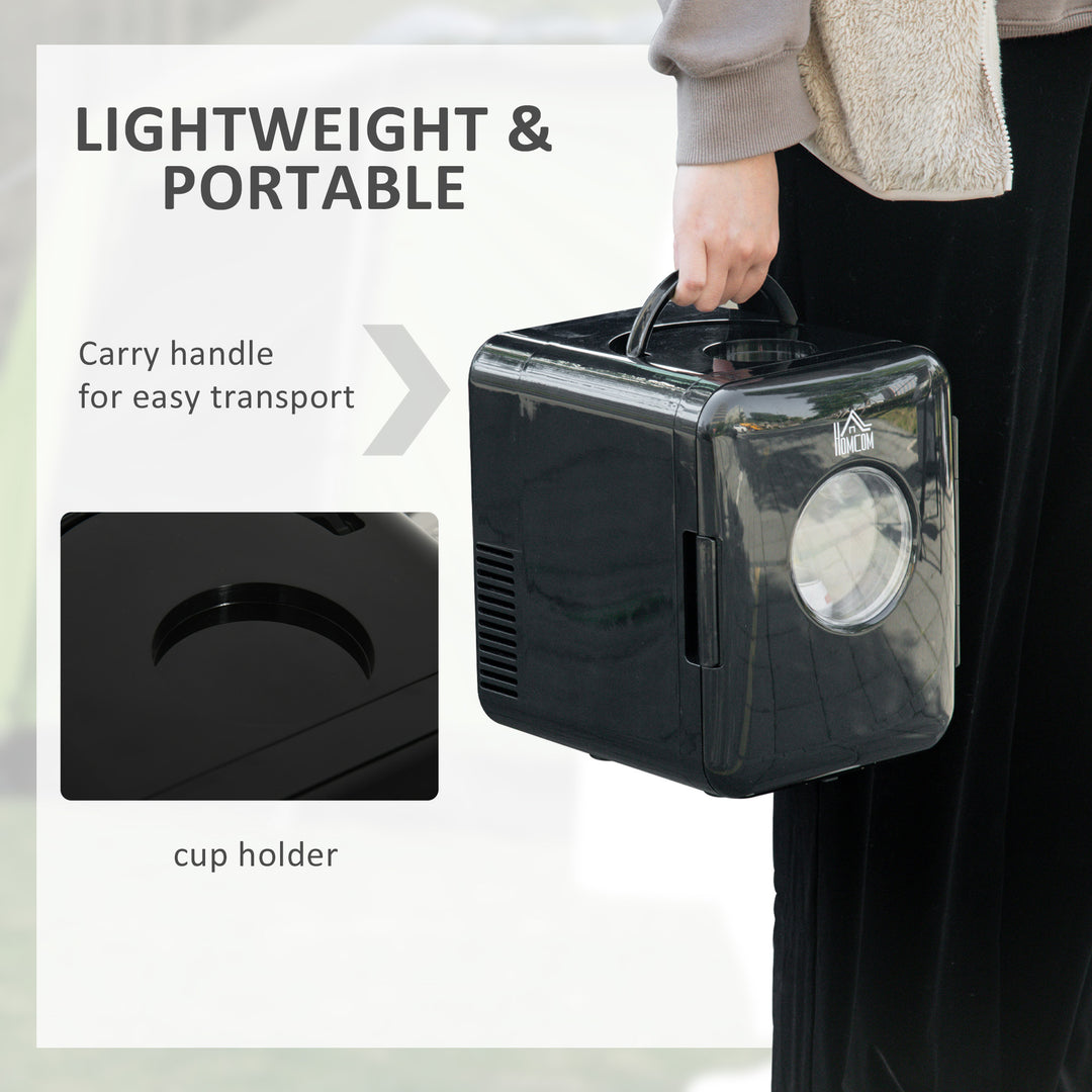 4 L/6 Can Mini Fridge, AC+DC Portable Cooler &amp; Warmer for Skincare, Makeup, Cosmetics, Food, for Bedroom, Home, Caravan, Car, Black