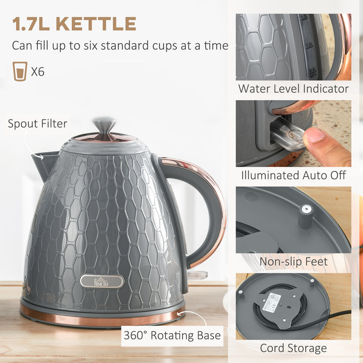 Fast Boil Kettle & 4 Slice Toaster Set, Kettle and Toaster with 7 Browning Controls, Crumb Tray, 1.7L 3000W - Grey