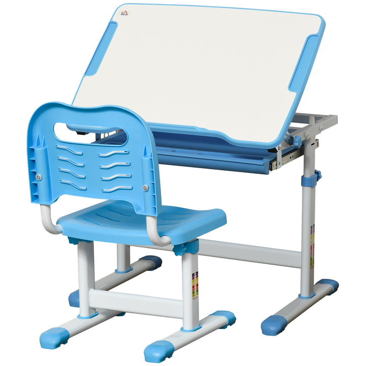 HOMCOM Kids Desk and Chair Set Height Adjustable Student Writing Desk Children School Study Table with Tiltable Desktop, Drawer, Pen Slot, Hook Blue