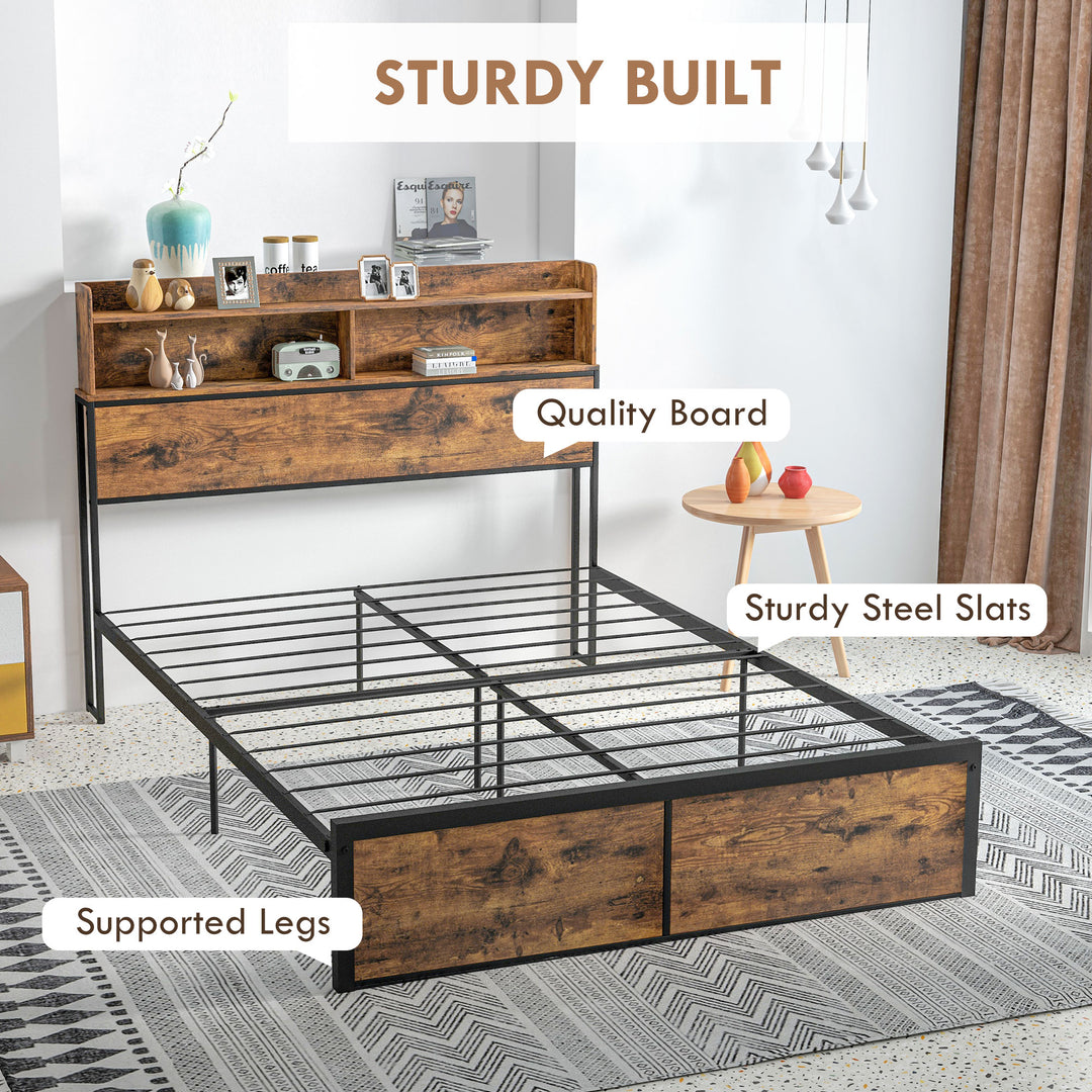 Industrial Double Bed Frame, 4.8FT Steel Bed Base with Storage Headboard, Footboard, Slatted Support and Under Bed Storage, 145 x 209cm, Rustic Brown