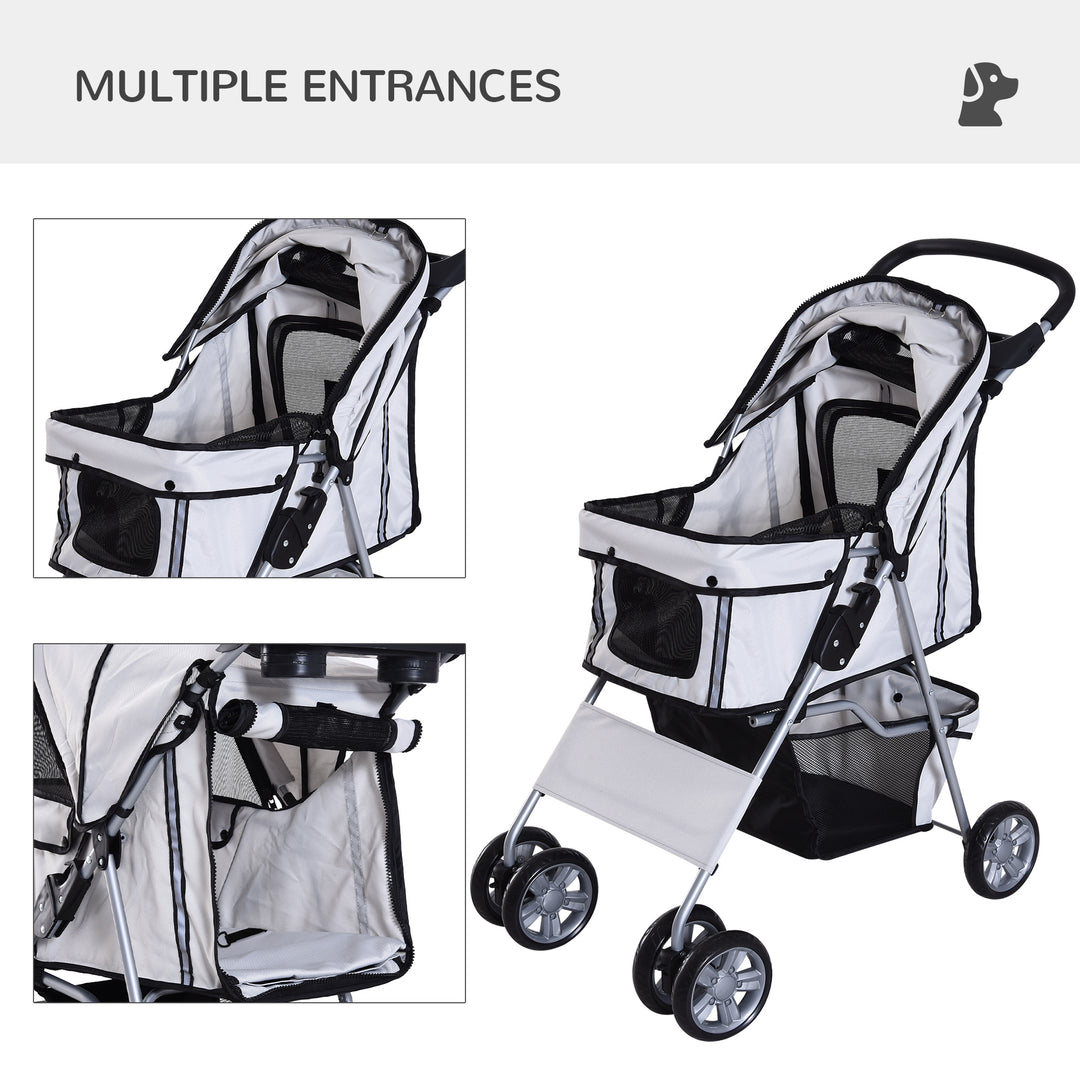 PawHut Dog Pram Pet Stroller Dog Pushchair Foldable Travel Carriage with Wheels Zipper Entry Cup Holder Storage Basket Grey