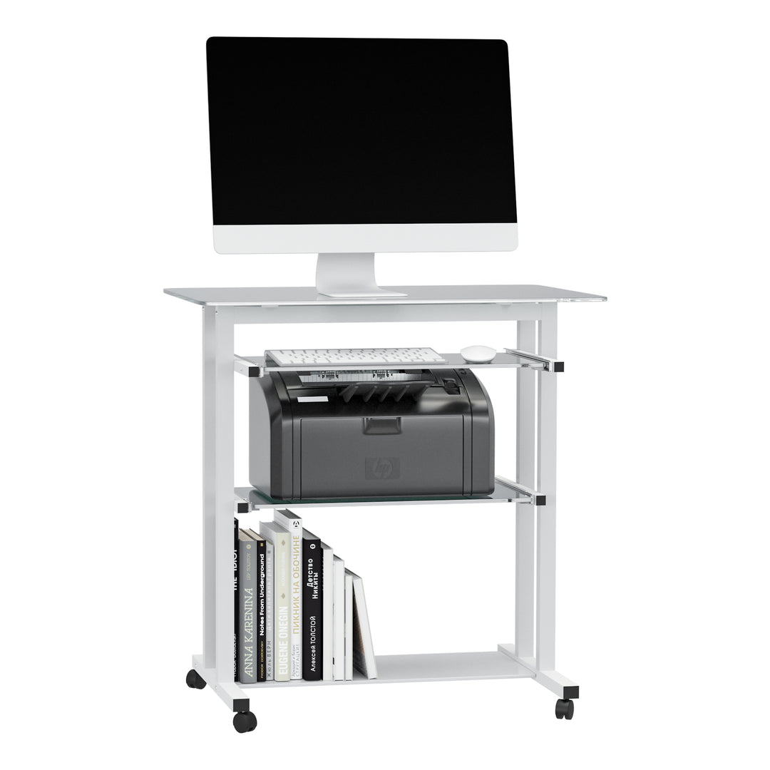 Computer Desk Glass Table Workstation Laptop pc desk mobile  with wheels White