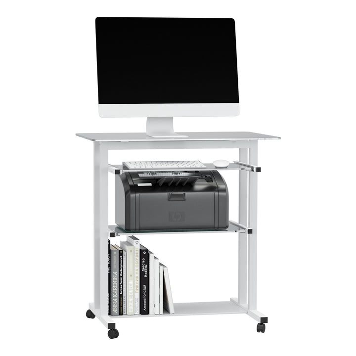 Computer Desk Glass Table Workstation Laptop pc desk mobile  with wheels White
