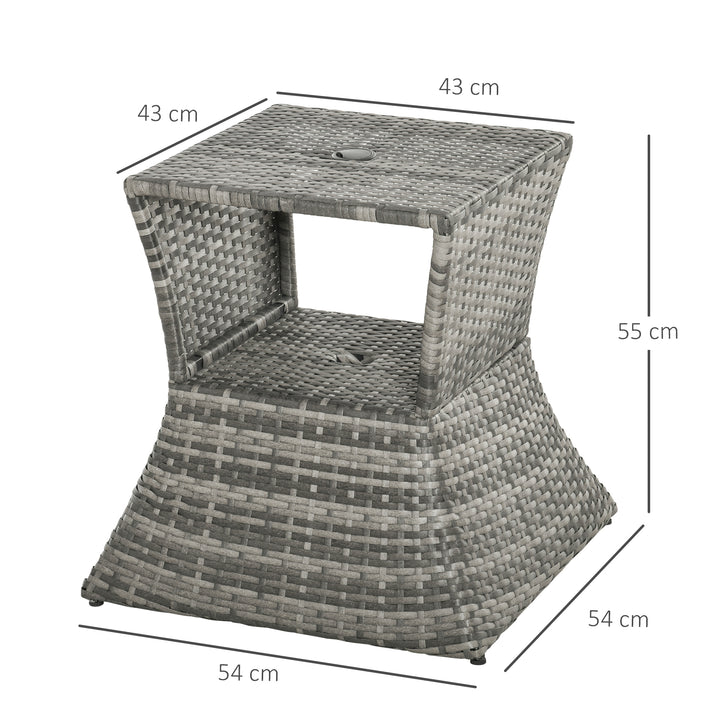 Outdoor Patio Rattan Wicker Coffee Table Bistro Side Table w/ Umbrella Hole and Storage Space, Grey