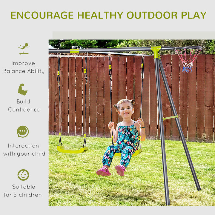 Kids Swing Set for Backyard, Outdoor Play Equipment, w/ Adjustable Swing Seats, Seesaw, Basket Hoop, A-Frame Metal Stand for Ages 3-10 Years