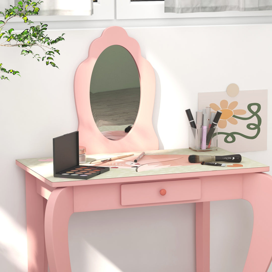 Kids Dressing Table with Mirror and Stool, Girls Vanity Table Makeup Desk with Drawer for 3-6 Years - Pink