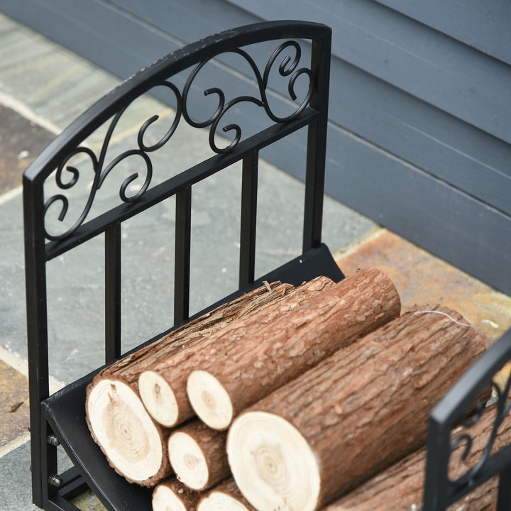 Outsunny Wrought Iron Inner Arced Wood Log Holder Indoor Outdoor Storage Shelf w/ Elegant Scrolls Rust-Resistant Stacker Black