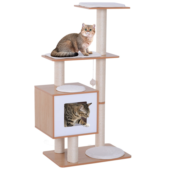 PawHut Wood Cat Tree Scratching Post for Indoor Cats Kitten House Condo Activity Center w/ Cushion Hanging Toy Multi-level