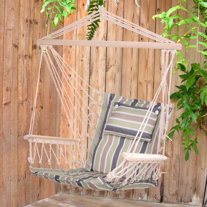 Garden Outdoor Hanging Hammock Chair Thick Rope Frame Wooden Arms Safe Wide Seat Garden Outdoor Spot Stylish Multicoloured stripes