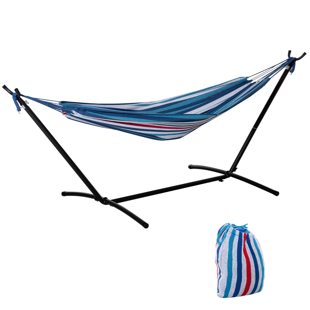 294 x 117cm Hammock with Stand Camping Hammock with Portable Carrying Bag, Adjustable Height, 120kg Load Capacity, White Stripe