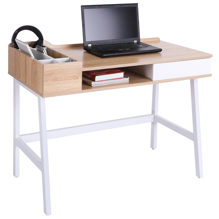 Computer Writing Desk Workstation with Drawer, Storage Compartments, Cable Management, Laptop Table Metal Frame Oak and White