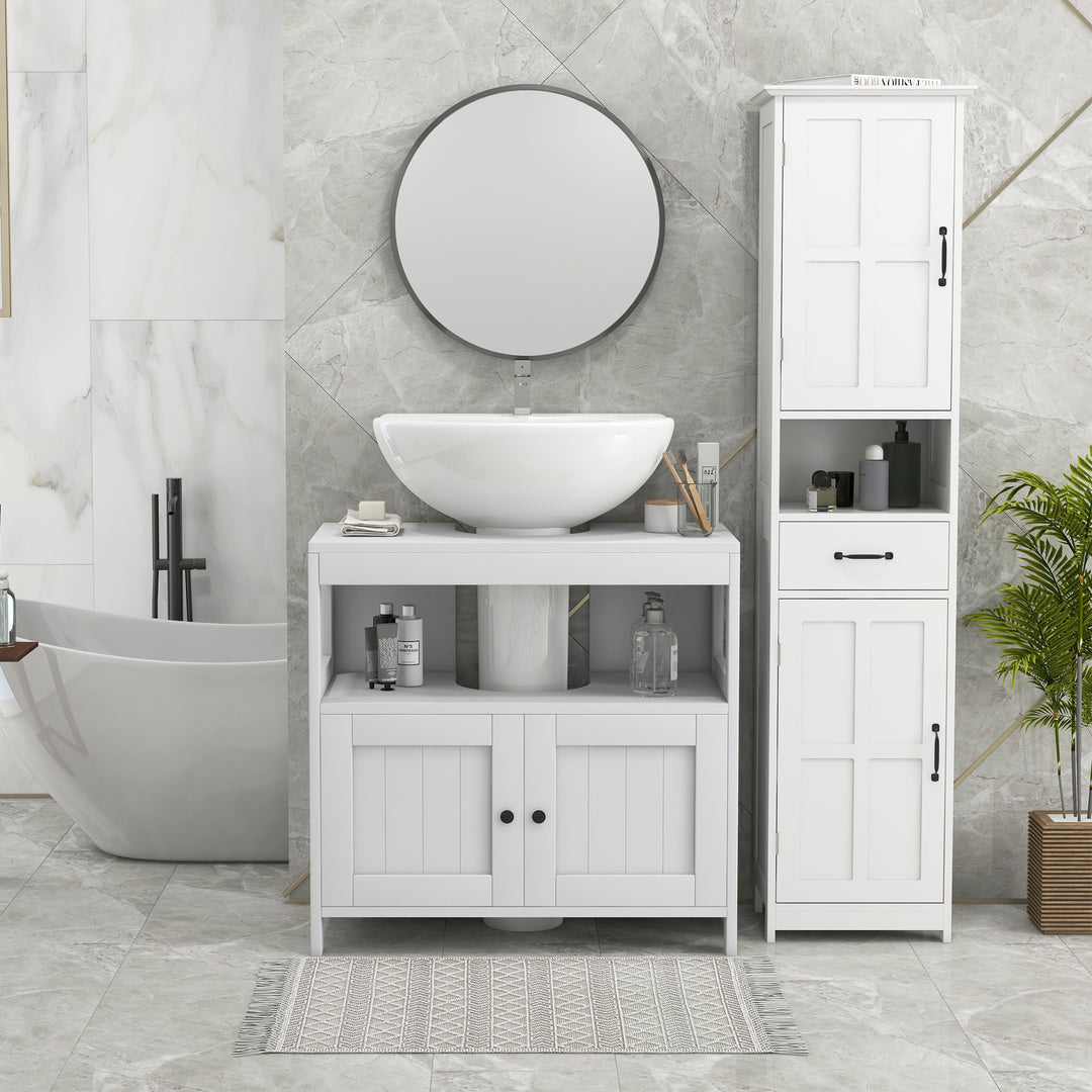 Pedestal Under Sink Cabinet with Double Doors, Modern Bathroom Vanity Storage Unit with Shelves, White