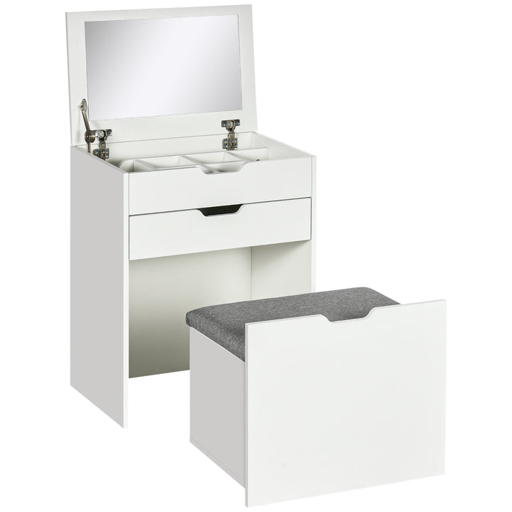 Dressing Table with Flip-up Mirror and Storage Stool, Vanity Table with Drawer and Hidden Compartments for Bedroom, Living Room, White