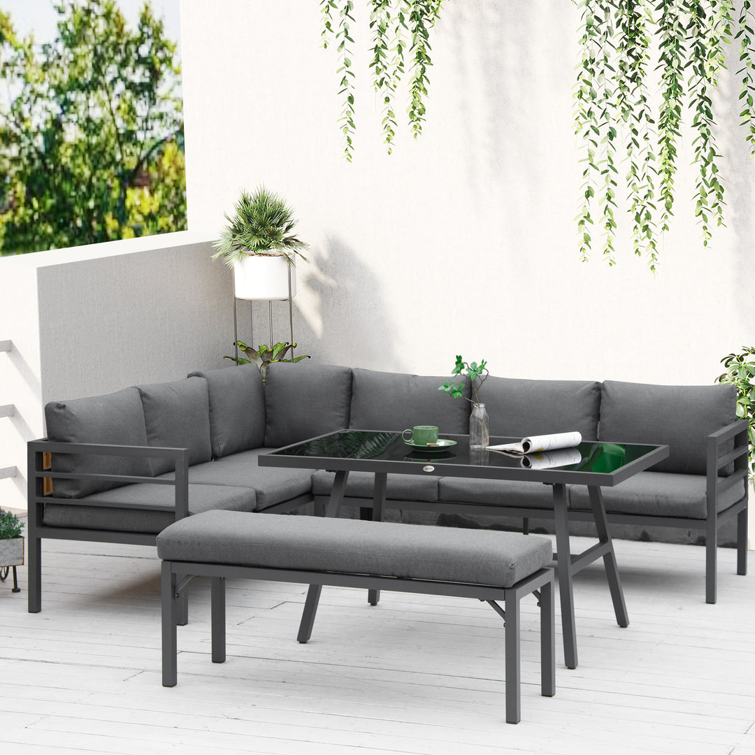 4 Piece L-shaped Garden Furniture Set 8-Seater Aluminium Outdoor Dining Set Conversation Sofa Set w/ Bench, Dining Table & Cushions, Grey