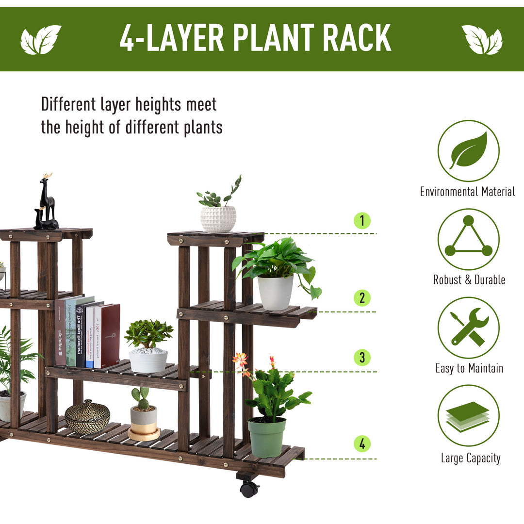 4-Tier Floor-standing Flower Rack Wood Plant Stand For Indoor & Outdoor Garden Balcony w/ Wheels & Handle 123.5L x 33W x 80H cm, 8 Pots