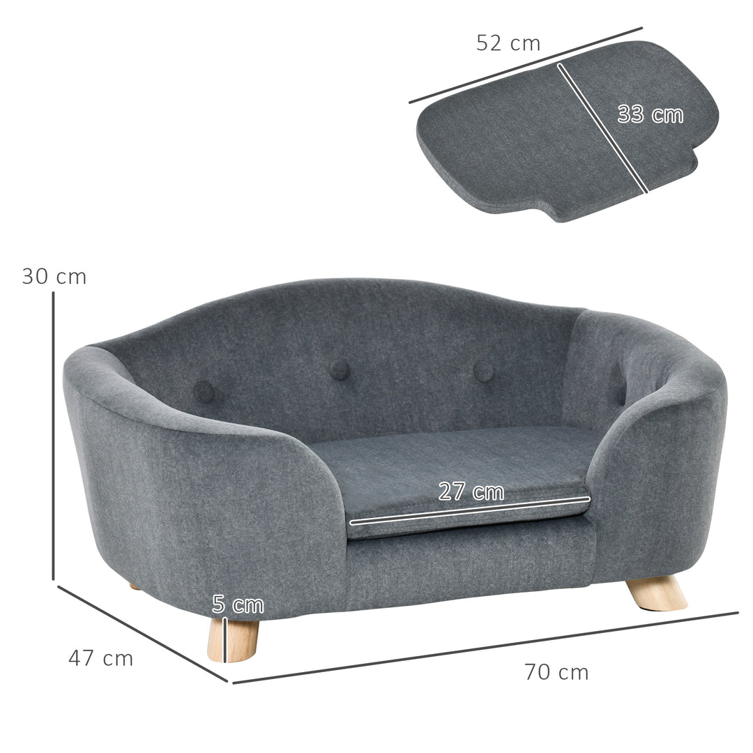 PawHut Pet Sofa, Dog Bed Couch, Puppy Kitten Lounge, with Wooden Frame, Short Plush Cover, Washable Cushion, for Small Dog, 70 x 47 x 30 cm, Grey