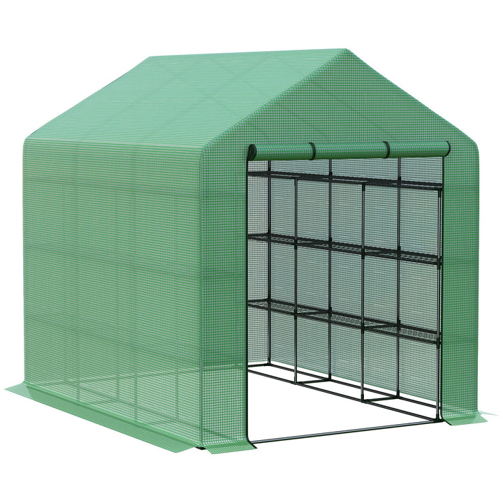 Outsunny Poly Tunnel Steeple Walk in Garden Greenhouse with Removable Cover Shelves - Green 244 x 180 x 210cm