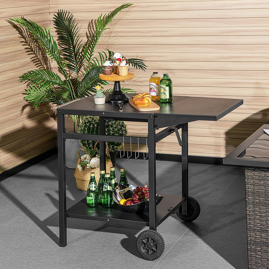 Double-Shelf Dining Cart with Folding Tabletop and 4 Extra Hooks-Black