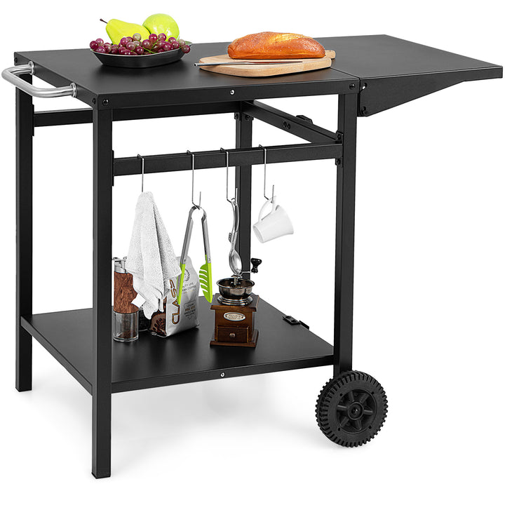 Double-Shelf Dining Cart with Folding Tabletop and 4 Extra Hooks-Black