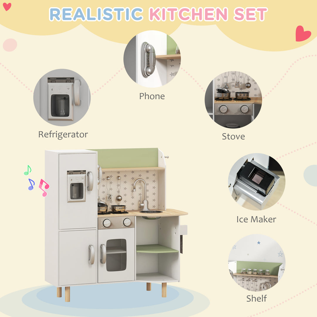 AIYAPLAY Toy Kitchen, Kids Play Kitchen Role Playing Game with Phone, Ice Maker, Stove, Sink, Utensils, for 3-6 Years, White