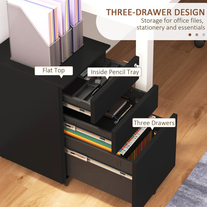 Vinsetto 3-Drawer Vertical Filing Cabinet w/ Lock & Pencil Tray, Steel Mobile File Cabinet w/ Adjustable Hanging Bar for A4, Legal Size, Black