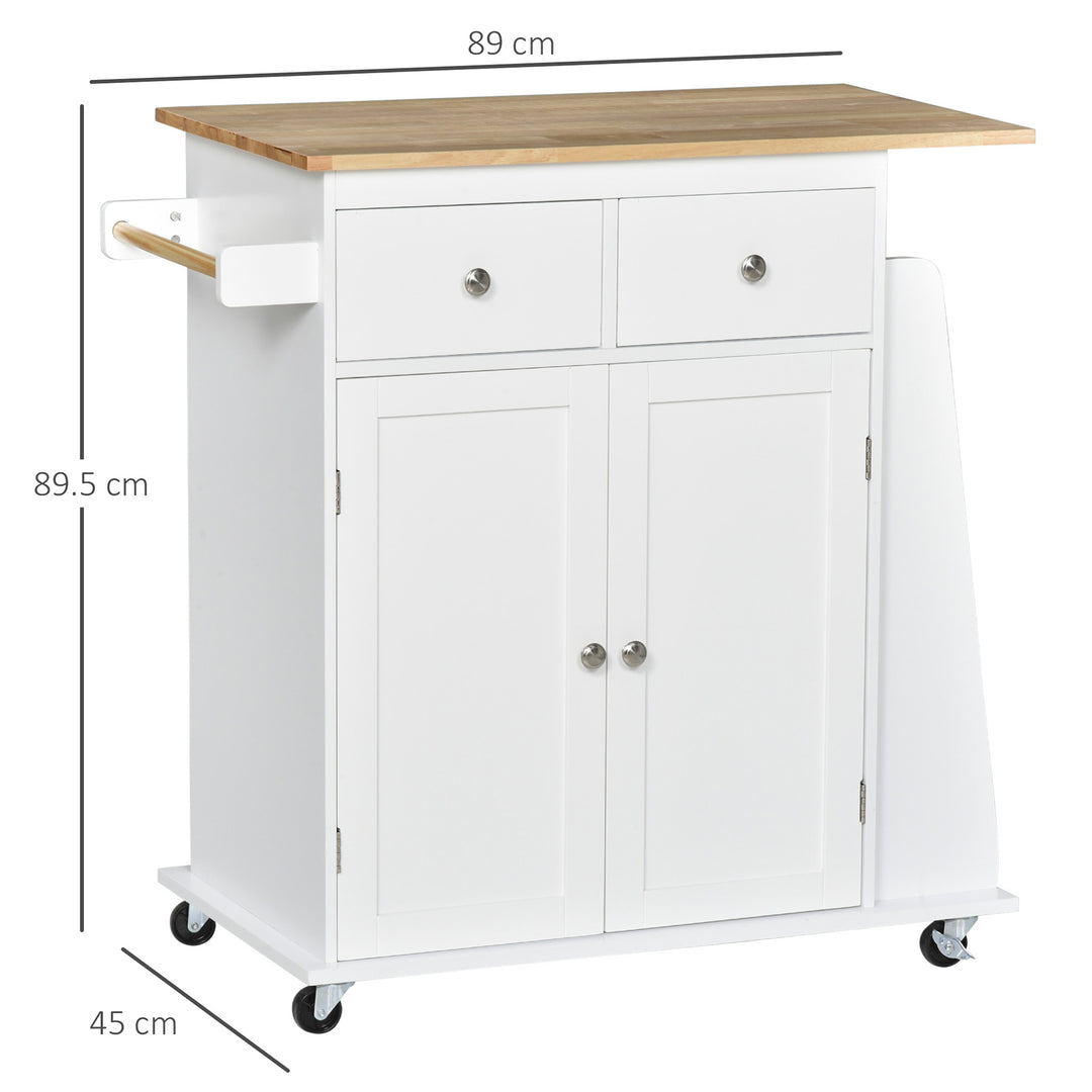 Kitchen Island Storage Cabinet Rolling Trolley with Rubber Wood Top, 3-Tier Spice Rack, Large Cabinet & Drawers