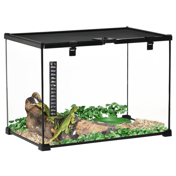 PawHut 50 x 30 x 35 cm Reptile Glass Terrarium, Reptile Breeding Tank, Climbing pet Glass Containers, Arboreal Box, with Strip Patch Thermometer-Black