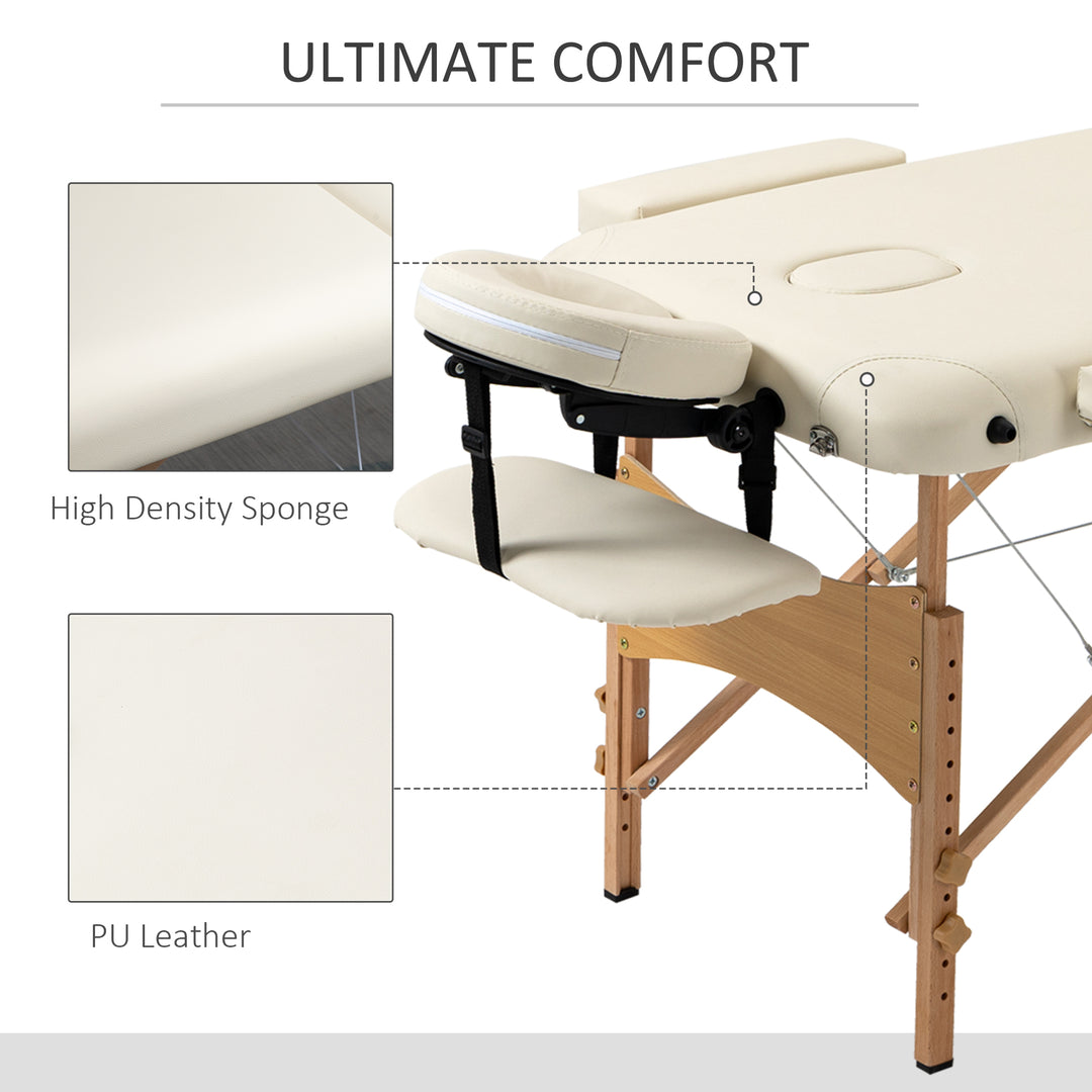 Portable Massage Bed, Folding Spa Beauty Massage Table with 2 Sections, Carry Bag and Wooden Frame, Cream