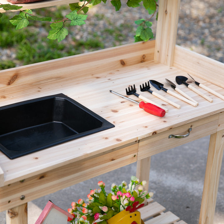 Outsunny Garden Potting Bench Table, Wooden Work Station, Outdoor Planting Workbench with 2 Wheels, Sink, Drawer & Large Storage Spaces, 92x45x119cm